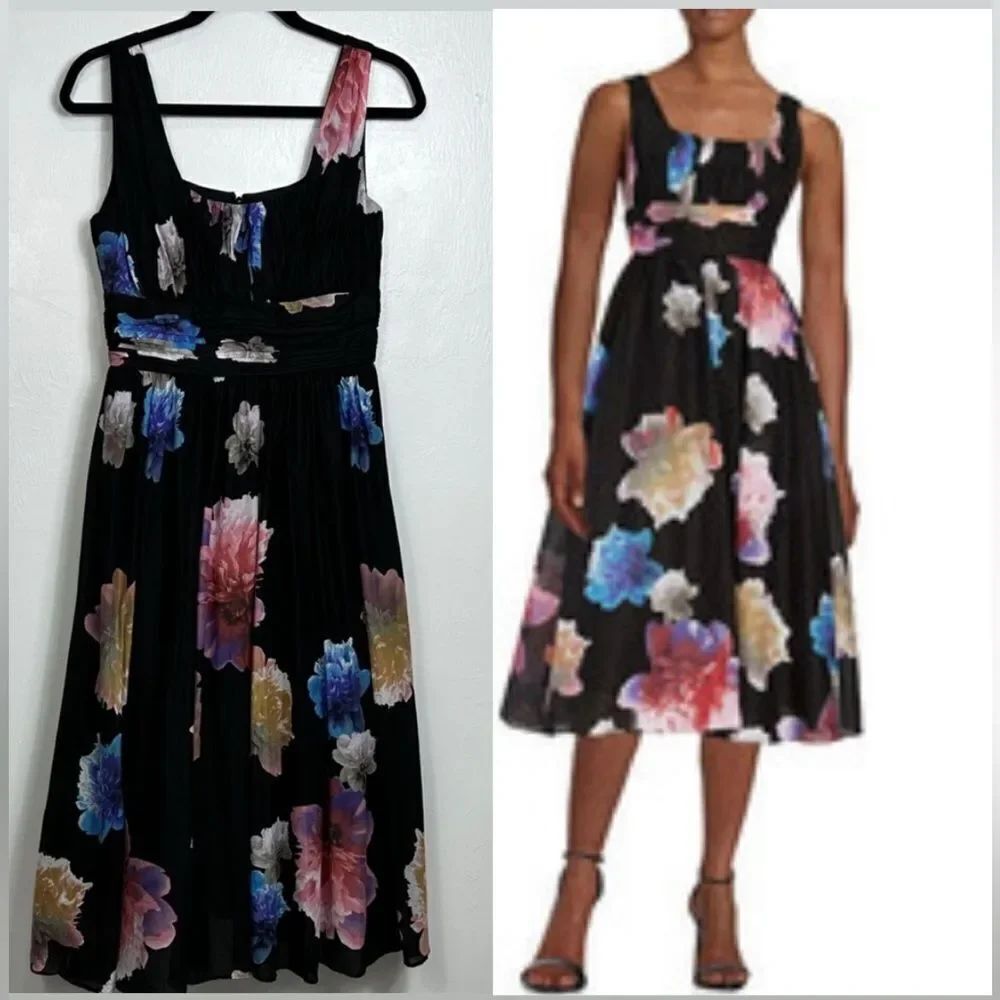 Calvin Klein Floral Print Sleeveless Midi Dress In Black Size 4